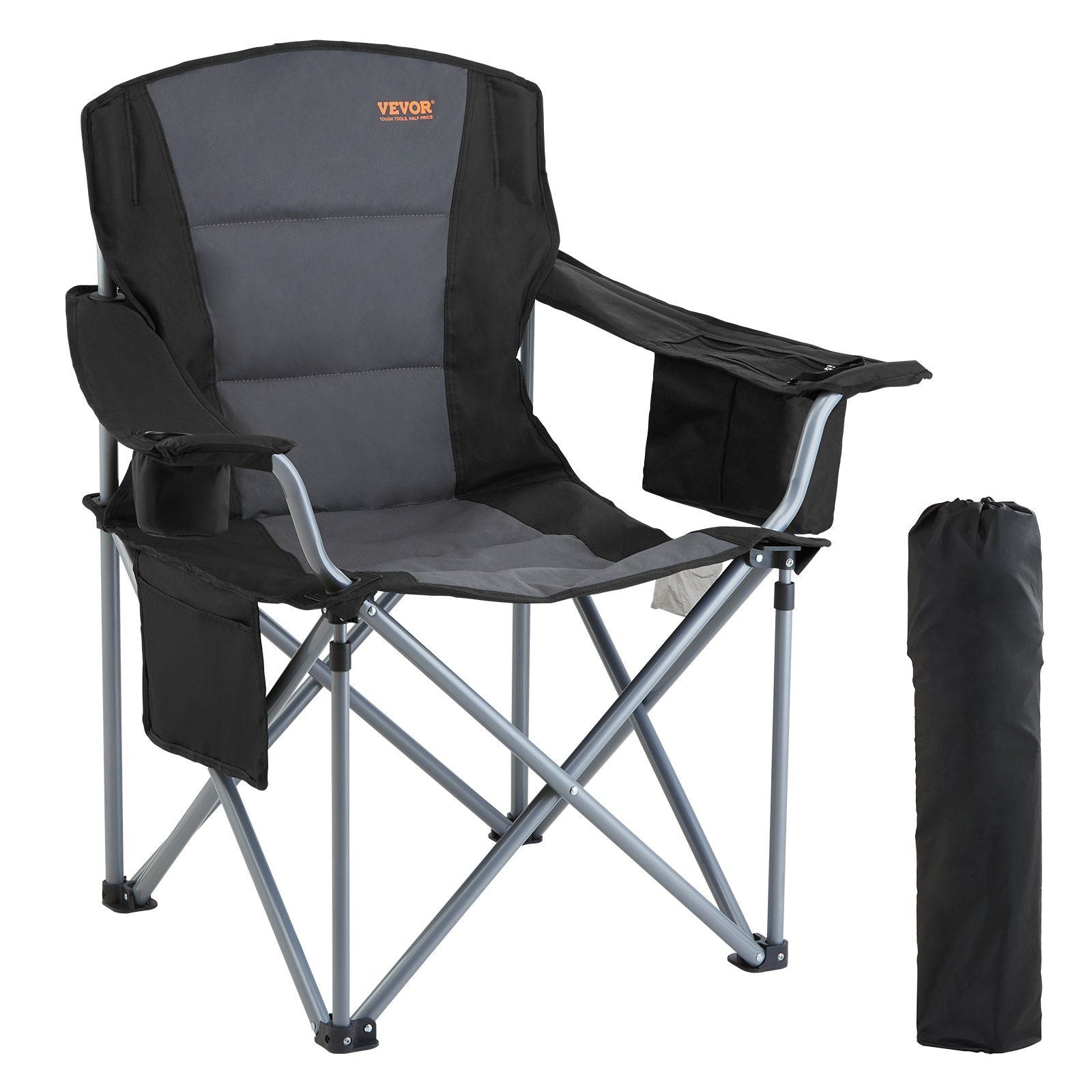 Camping Folding Chair for Adults, Portable Heavy Duty Outdoor Quad Lumbar Back Padded Arm Chairs with Side Pockets, Cup Holder and Cooler Bag for Beach, Lawn, Picnic, Fishing, Backpacking, Black